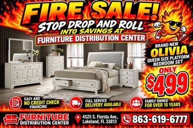 Olivia queen size platform bedroom set now only $499. Easy finance option and full service delivery available.