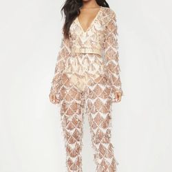 Rose Gold Tassel Sequin Plunge Jumpsuit