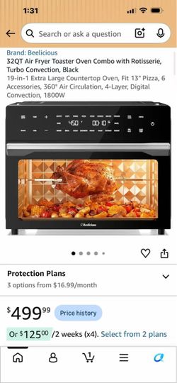 Brand New! 32QT Air Fryer Toaster Oven Combo with Rotisserie, Turbo Convection, Black 19-in-1 Extra Large Countertop Oven, Fit 13" Pizza, 6 Accessorie