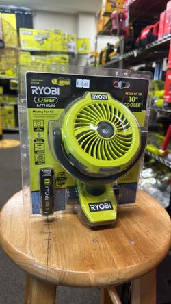 RYOBI USB Lithium Cordless Misting Clamp Fan Kit with USB Lithium 2Ah Battery and Charging Cable