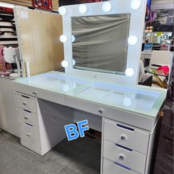 Vanity Set Desk And Mirror. White High Gloss Finish. LED Light In Desk Top. New Especial Price