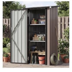 New In Box!!2.5x2 Ft Outdoor Metal Shed With Shelf, NO Floor( Brown)