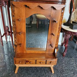 PRICE REDUCED!! Antique Hardwood Wood Wall Hanging Mirror With Drawer And Hooks. 22" X 29"
