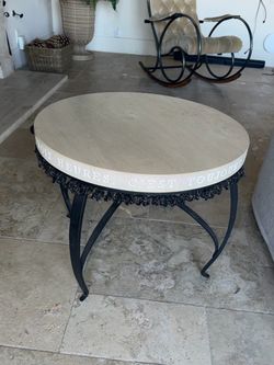 Set of 2 French Limestone & Custom Iron Coffee Tables