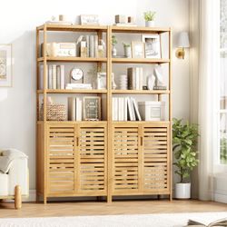 2pcs Tall Bathroom Storage Cabinet, 66" Bamboo Narrow Bathroom Floor Cabinet with 2 Door & 4-Tier Open Shelves, Corner Tall Cabinets Freestanding Orga