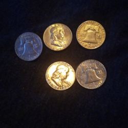  Five 90% Silver Franklin Half Dollars 