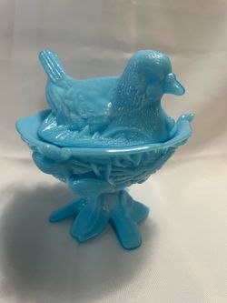 Vintage Westmoreland Blue Slag Glass Bird On A Nest