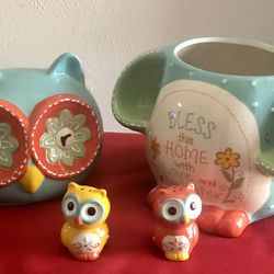 Cracker Barrel Owl Cookie Jar Set - "Bless This Home" - Includes Magnetic S&P Shakers AS IS