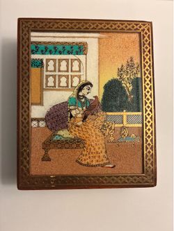 Vintage brass inlay wood jewelry or trinket  box
