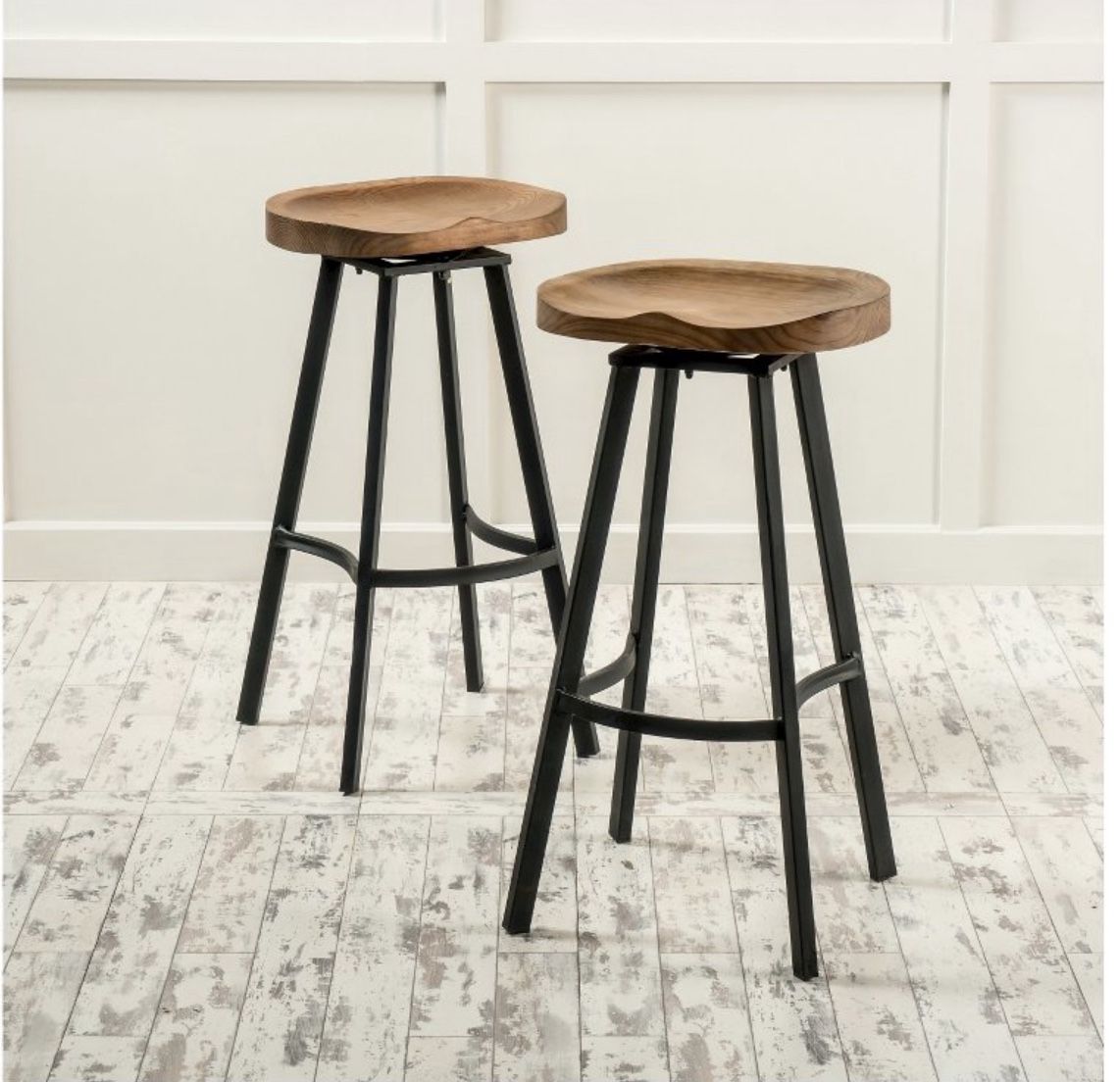 Set of 4 industrial wood & metal swivel bar stools