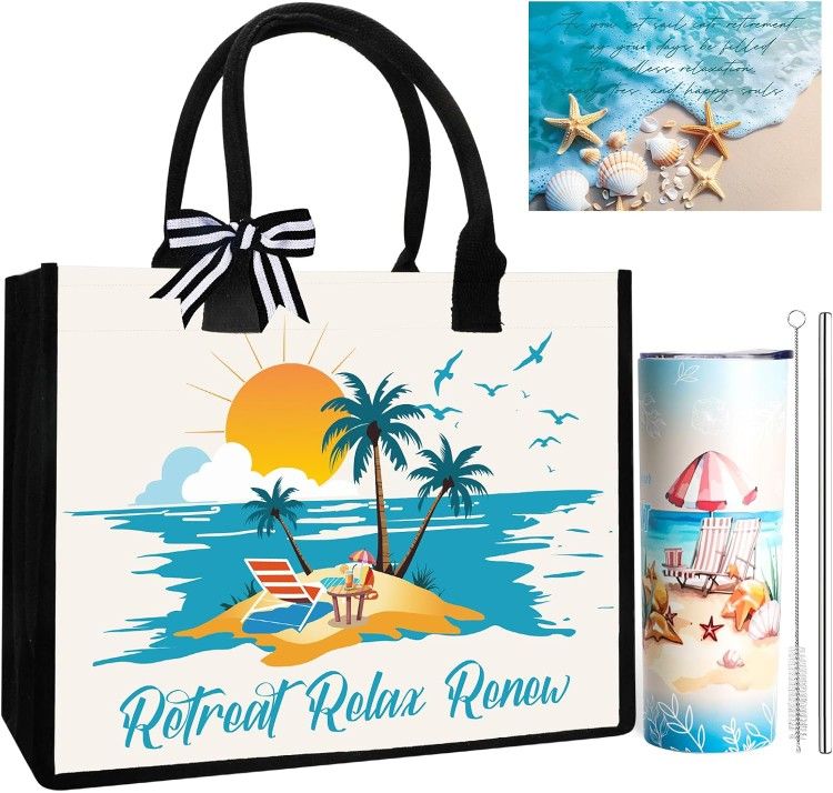 Gift Set Huge Canvas Beach Bag Tumbler Eyeshades Scented Candle Orange Towelettes Straw and straw cleaning brush