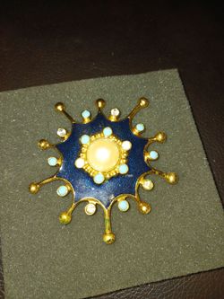 Gold-Tone Blue Enamel Pearl Brooch Pin