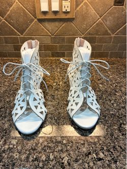 White Cutout Lace-Up Peep Toe Wedge Sandals – Size 12/EU-43