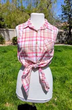 New Look Med Pink Plaid Sleeveless Country Tie-Waist Button-Down Shirt Top EUC
