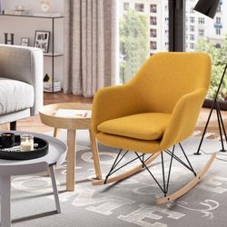 Homy Casa DOTTIE YELLOW Velvet Upholstered Rocking Chair with Metal Frame and Beech Wood Feet