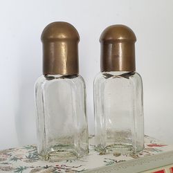 Antique Set of 2 (1910's-1920's) Heavyweight Greenish Tint Glass Shoe Polish Bottles with Brass Caps