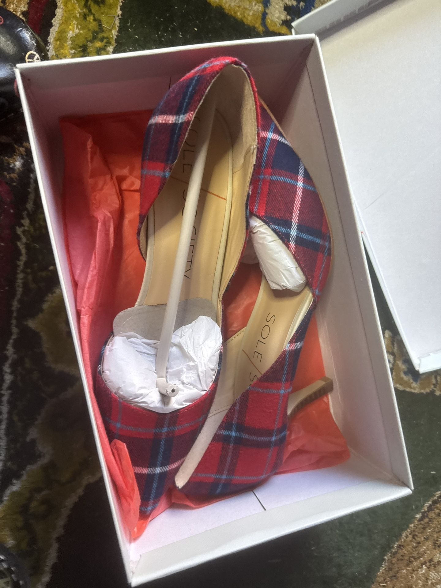 ShoeDazzle Josie plaid red/blue multi-color fabric pumps