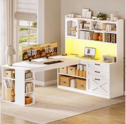 L-Shaped Desk with Hutch, Drawers, Shelves, Power Strip, LED lights