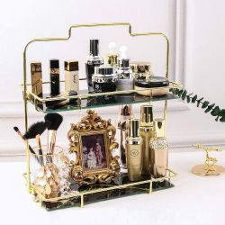 Simmer Stone Makeup Organizer Shelf, 2 Tier Cosmetic Storage Basket with Removable Glass Tray, Wire Vanity Organizer Rack for Dresser, Countertop, Bat