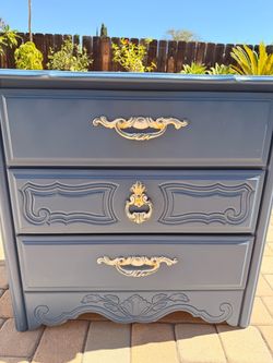 Solid wood truck, dusty blue three chest dresser drawers. Vintage.