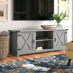 58 in. Farmhouse Grav Wash TV Stand Fits TV's up to 65 in. with Cabinets and Adjustable Shelves