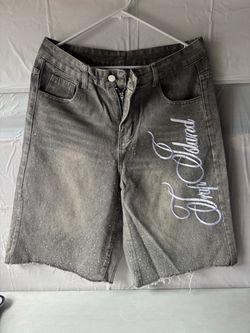 Trap Island Gray Denim Shorts with Rhinestones