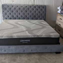 Grey Velvet King Platform Bed 