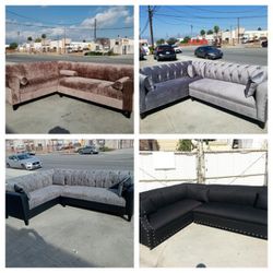 BRAND NEW 7X9FT Sectional COUCHES, VELVET CHARCOAL, BLACK, JAZZ  BROWN FABRIC, BLACK LEATHER COMBO 