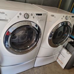 Whirlpool Duet Front Load Washer And Stackable Gas Dryer Set With Pedestals 