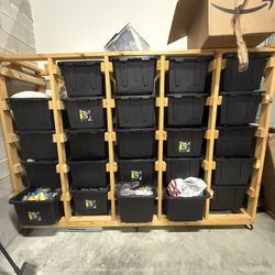 MOBILE WOOD BIN STORAGE W/ ALL 27 GALLON BINS INCLUDED