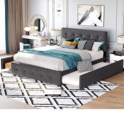 Ball & Cast Queen Bed Frame with 2 Drawers and 1 Twin XL Trundle, Linen Upholstered Platform Bed with Button Tufted Headboard and Wood Slats Support, 