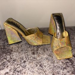 Gold Glitter Block Heel