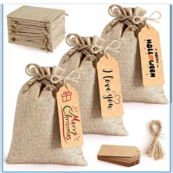 New 25Set Reusable Burlap Gift Bags with Drawstring, 5x7" Small Party Favor Gift Bags + Bonus Gift Tags & String, Brown Linen Sacks Bag for Wedding Pa