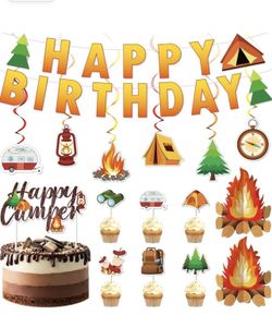 52 Pcs Camping Birthday Party Decorations, Happy Camper Party Hanging Swirls Ceiling Decor Happy Birthday Banner Camping Cupcake Toppers Campfire Cent