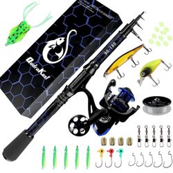 Fishing Rod and Reel Combos, Unique Design with X-Warping Painting, Carbon Fiber Telescopic Fishing Rod with Reel Combo Kit with Tackle Box@A8-55