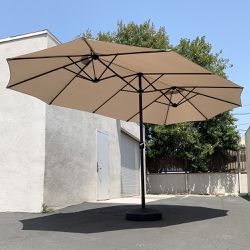 New $115 Large 15 FT Double Sided Outdoor Umbrella with 65 LBS Plastic Weight Base (Beige color) 