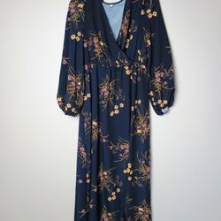 Floral Long Sleeves Navy V-neck Dress - Medium