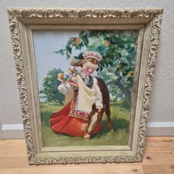A Simonis 1952 Chicago Oil Painting Vintage Folk Art Child Animal Framed Art