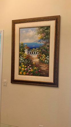 Large Framed Coastal Garden Landscape – Elegant Statement Wall Art