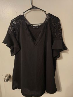 Women's Black Lace Blouse XL V-Neck Short Flutter Sleeve Pullover Lightweight
