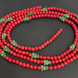 Red & Green Wooden Beaded Christmas Garland with Xmas Tree Accents 9’ long Just $5 