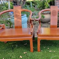 Vintage Oriental Teakwood Yoke Back Low Chairs Pair Maybe Designed By George Zee