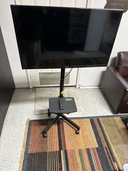 Samsung tv on rolling stand with Roku remote great for outdoors