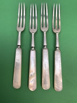 4 Antique English R & B Sterling Silver Small Forks with Mother of Pearl Handles 