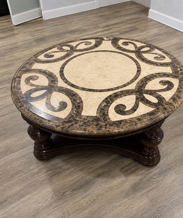 Large Round Coffee Table โ Marble/Stone Top & Wood Base