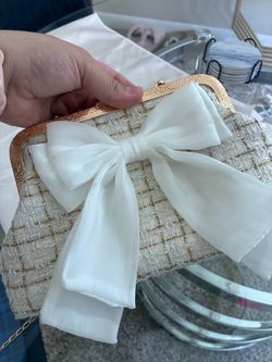 Ivory Tweed Bow Clutch Purse with Gold Chain