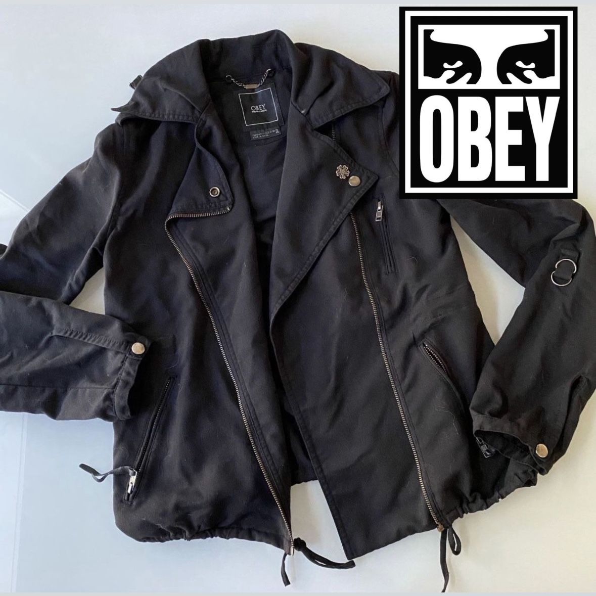 Women XS - OBEY jacket sweater black moto bomber zip up (hypebeast Supreme Off White Stussy Ape Palace Fear Of God Kith)