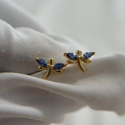 NWOT Tanzanite Stone Dragon-Fly S925 Gold Tone Mini Studs Earrings