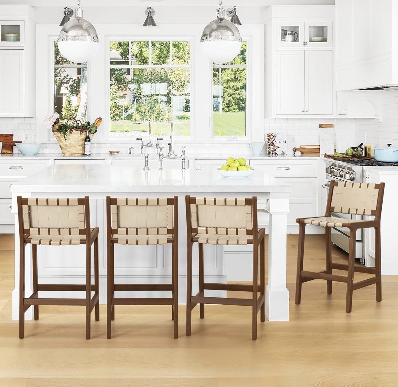 Rattan Barstools with Wood Legs for Home Kitchen, Deep Beige-Brown