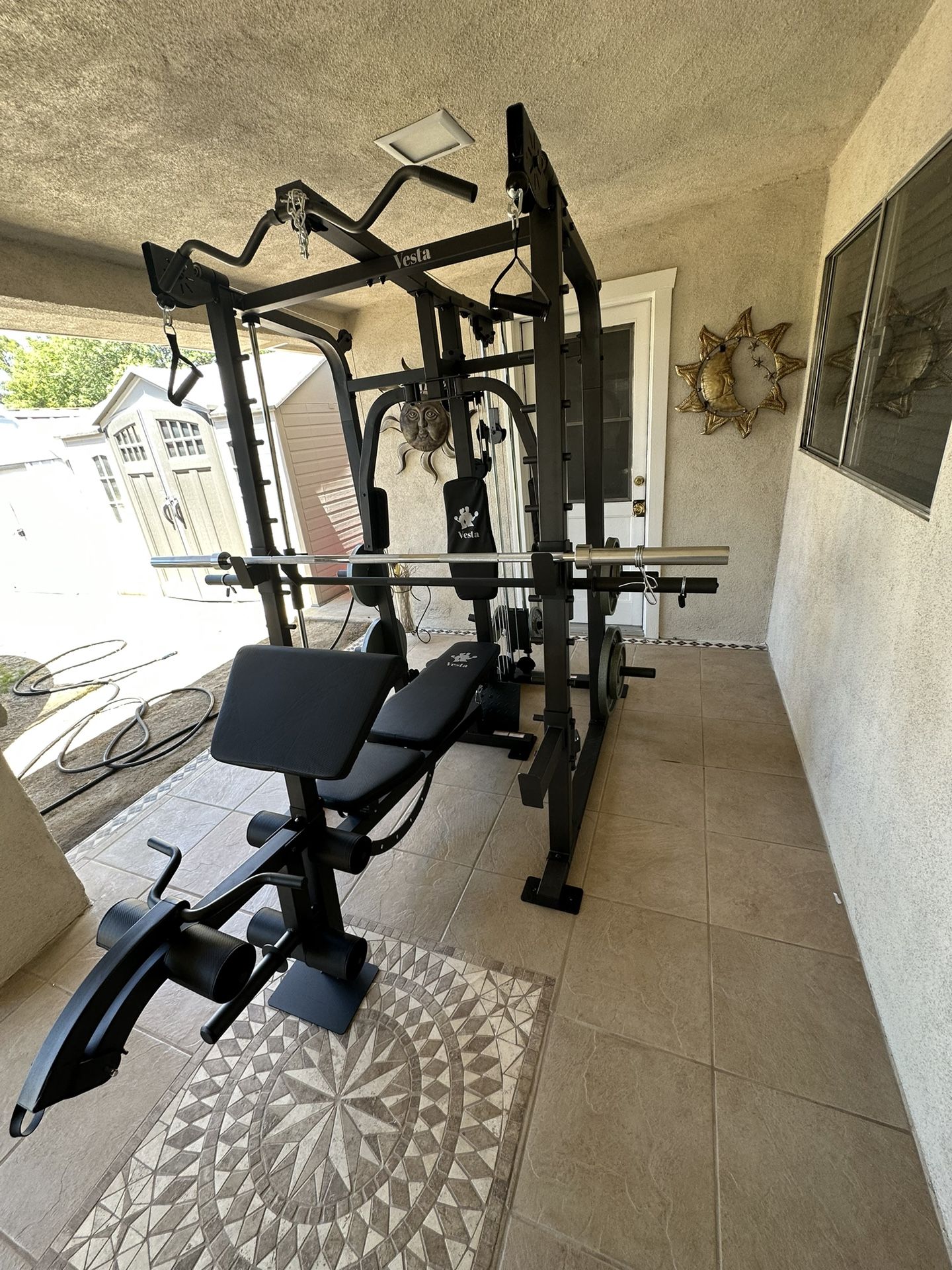 Vesta Fitness Smith Machine 2001 w/Bench Attachment | 230lb Bumpers Weights | 7ft Olympic Bar | Fitness | Gym Equipment | FREE DELIVERY ? 